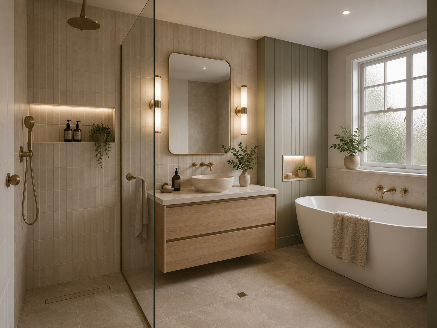 Renovated bathroom by Egan Building Co. — natural stone and timber