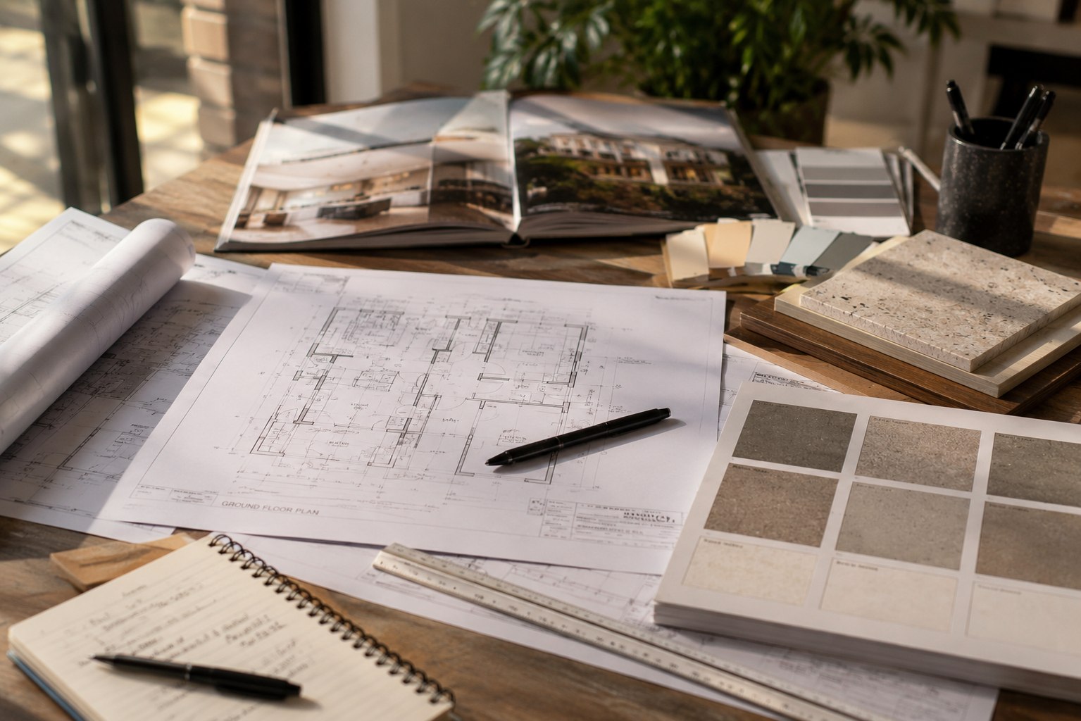 Architectural plans and documentation on a residential construction site