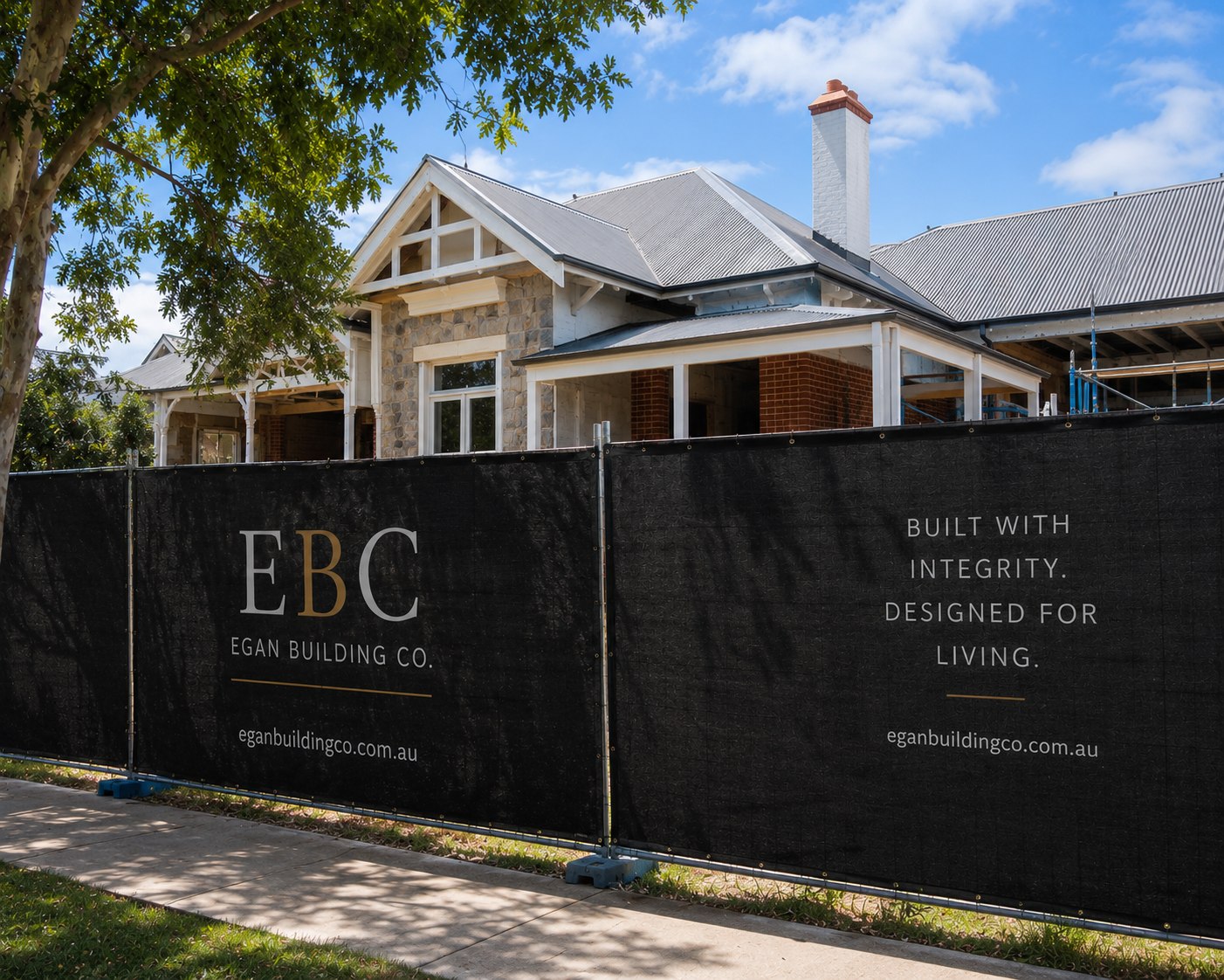Egan Building Co. site signage on a Federation home renovation in progress