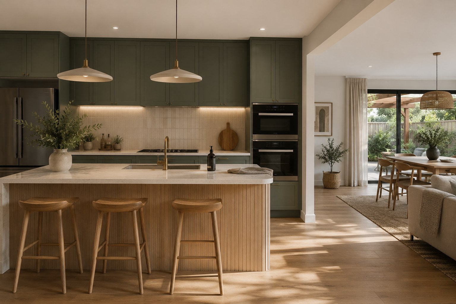 Renovated kitchen by Egan Building Co. — green joinery and timber island