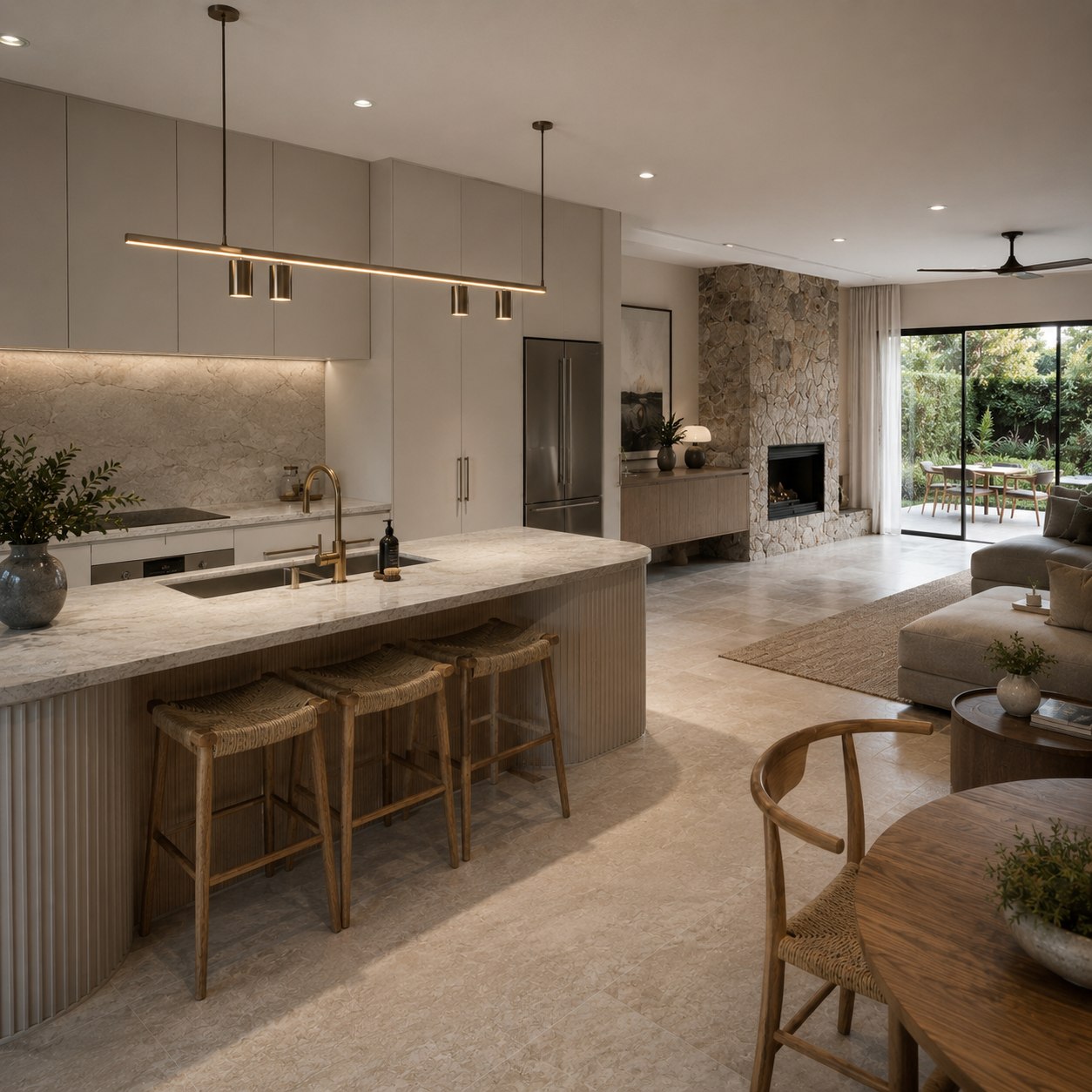 Renovated kitchen and living space by Egan Building Co. — natural timber and stone