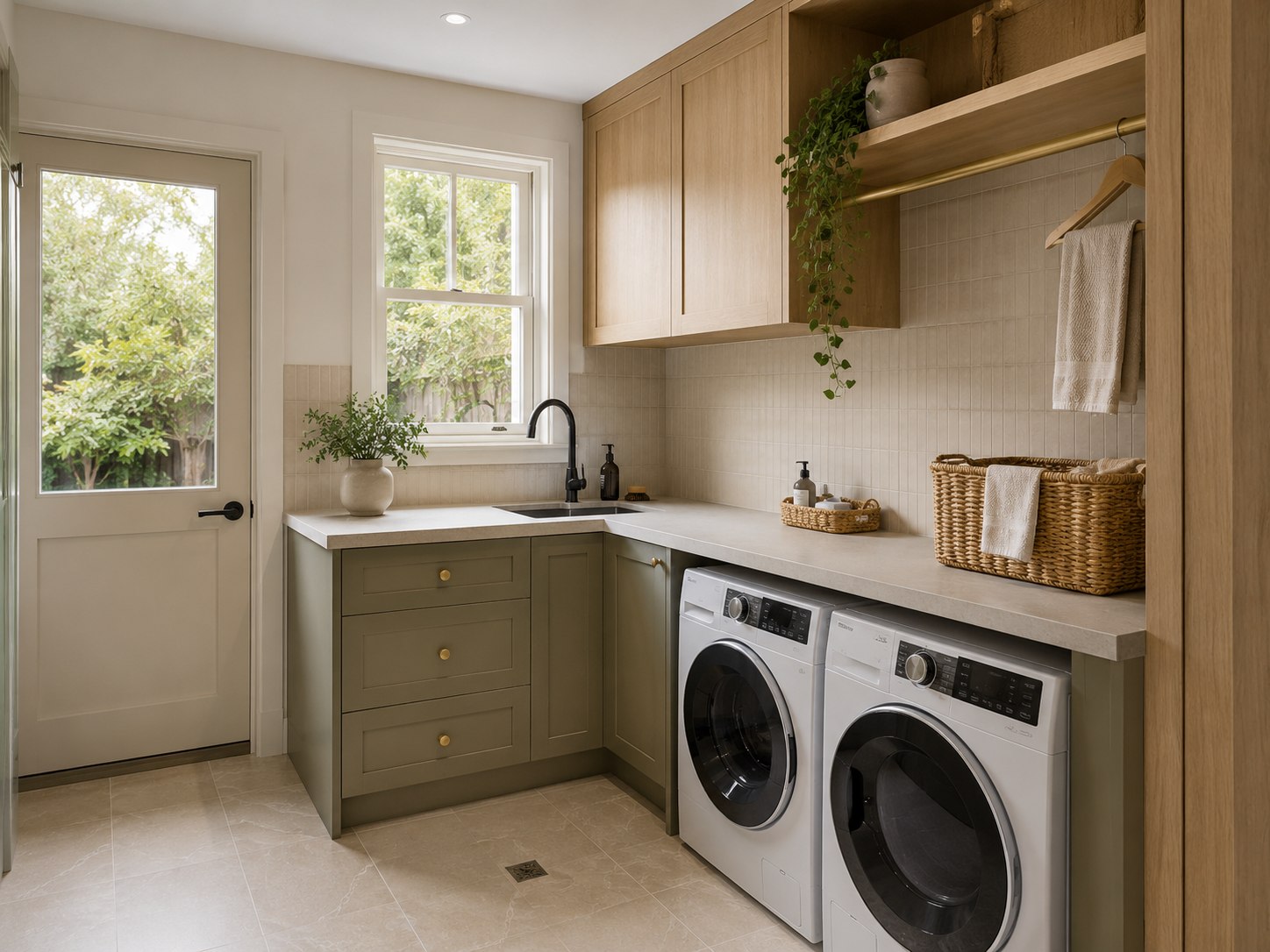Renovated laundry by Egan Building Co. — custom joinery and storage
